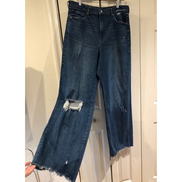 EXPRESS Super High Waisted Ripped Raw Hem 90s Wide Leg Jeans 14 L - Picture 3 of 12